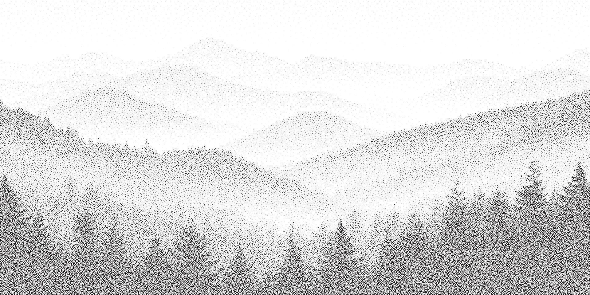 Layered stipple halftone forest with fog and pine trees. Calm minimal background with grainy mountain landscape. vector