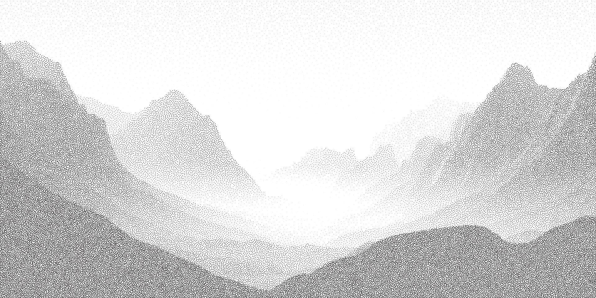 Stipple halftone illustration of layered mountain peaks with fog. Minimal grainy texture and monochrome landscape background. vector