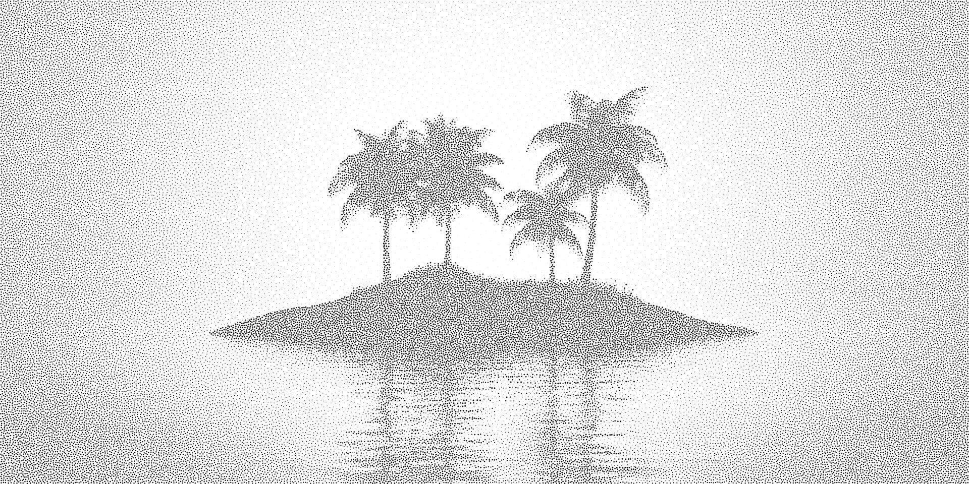 Minimal stipple island scene with palm trees and water reflection. Halftone tropical landscape in monochrome texture. vector