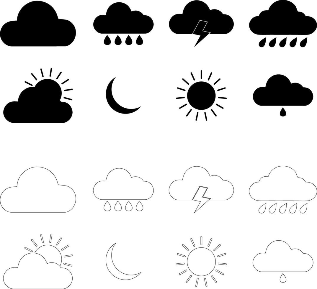 Weather Icons Set - Outline and Solid Glyphs for Forecasts vector