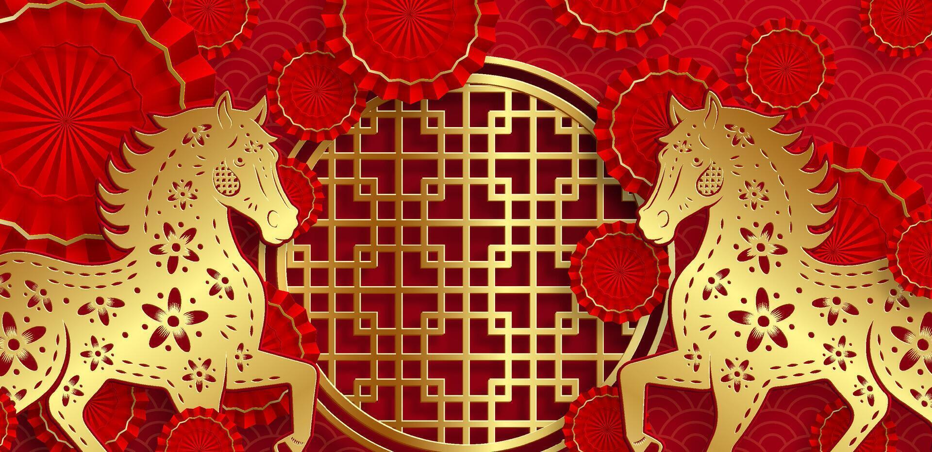Happy Chinese new year 2026 gold horse Zodiac sign, with gold paper cut style on color background with umbrellas vector