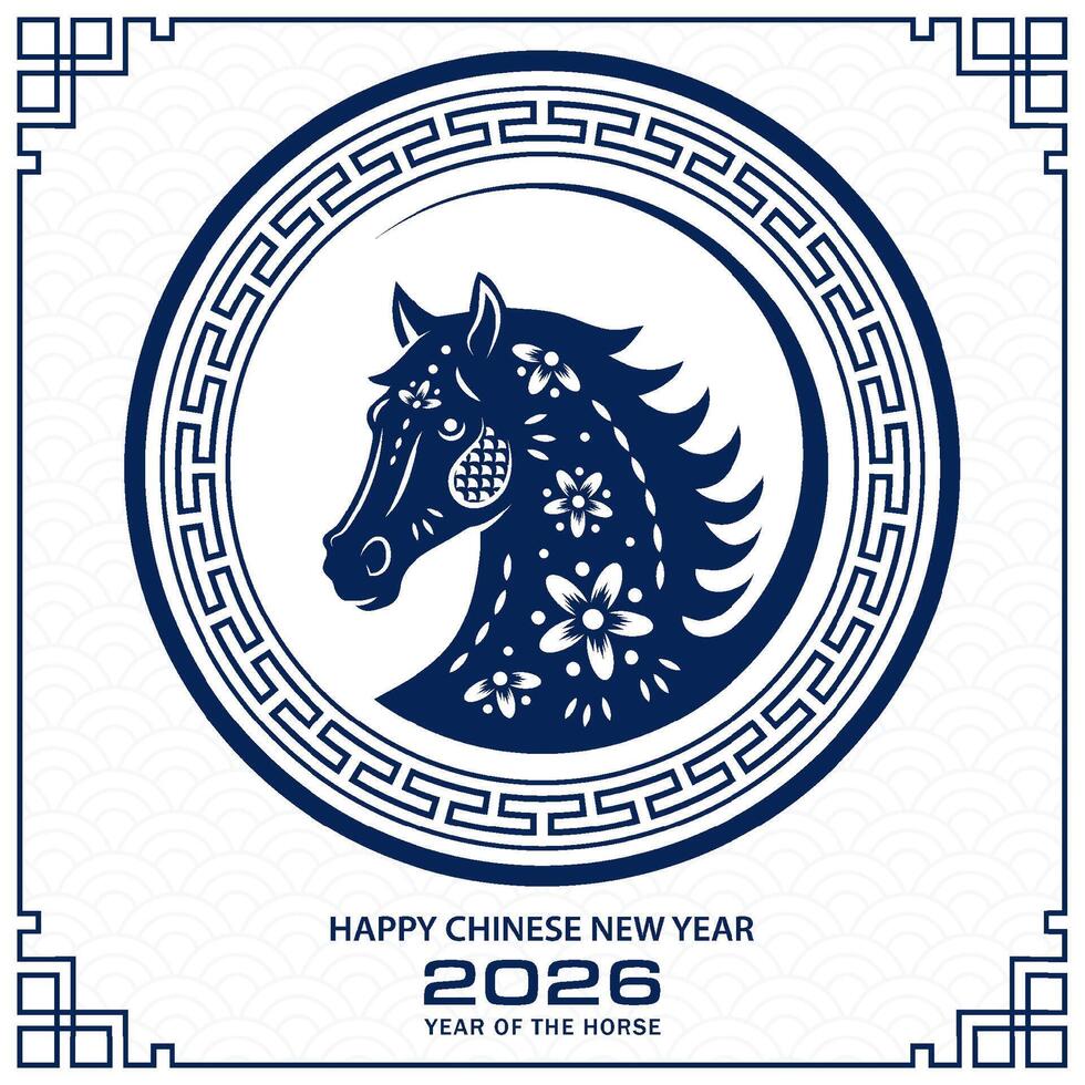 Chinese new year 2026 blue horse Zodiac sign on color background and round frame vector