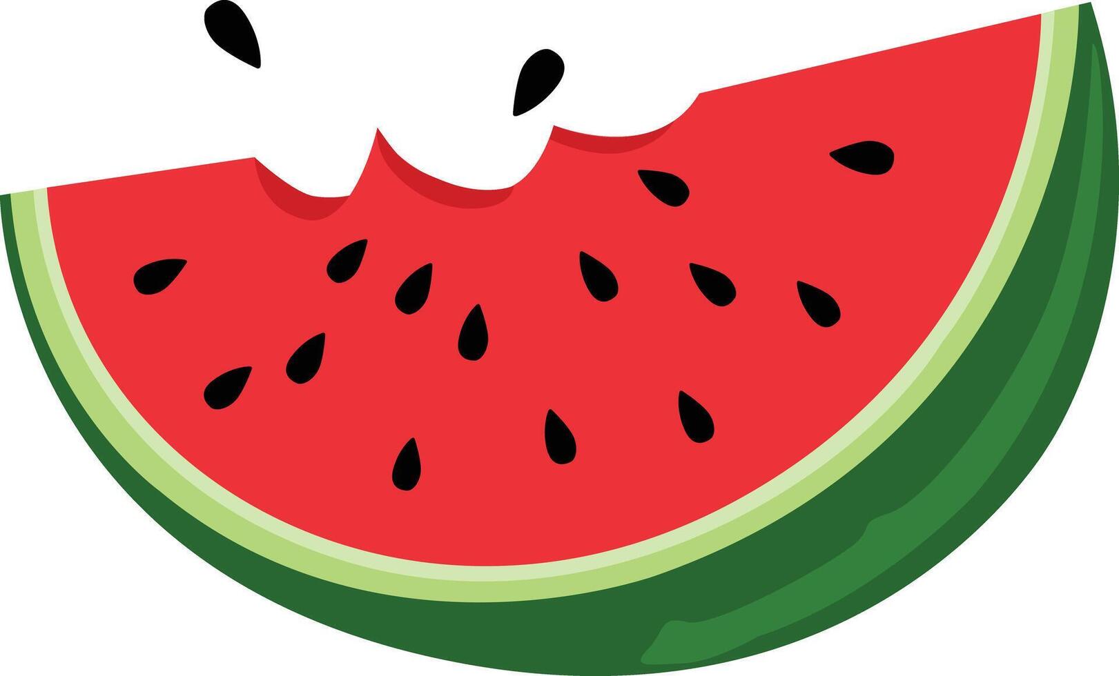 Bitten red watermelon slice with green rind and black seeds isolated vector