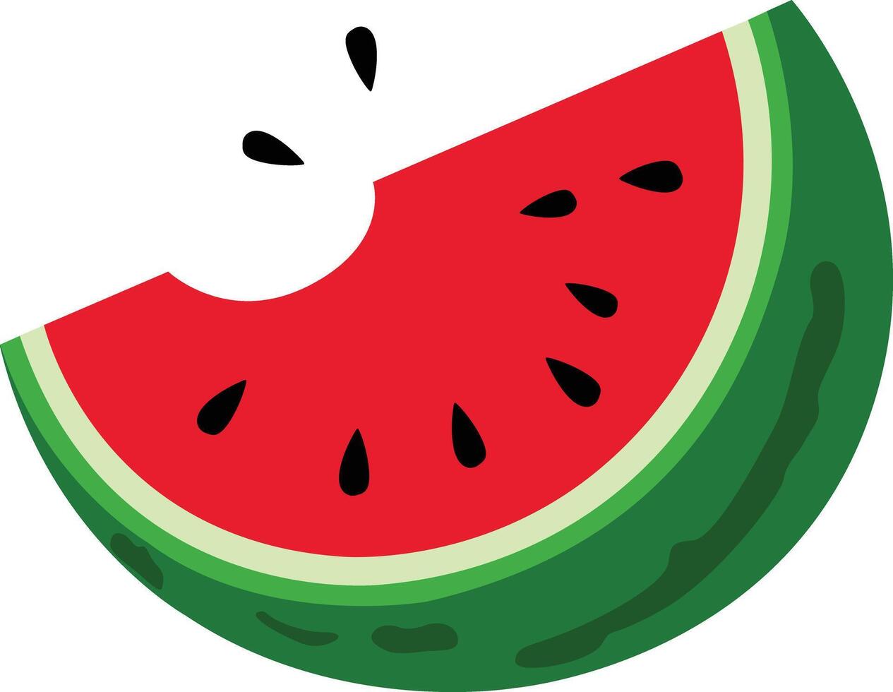 Bitten red watermelon slice with green rind and black seeds isolated on transparent background vector
