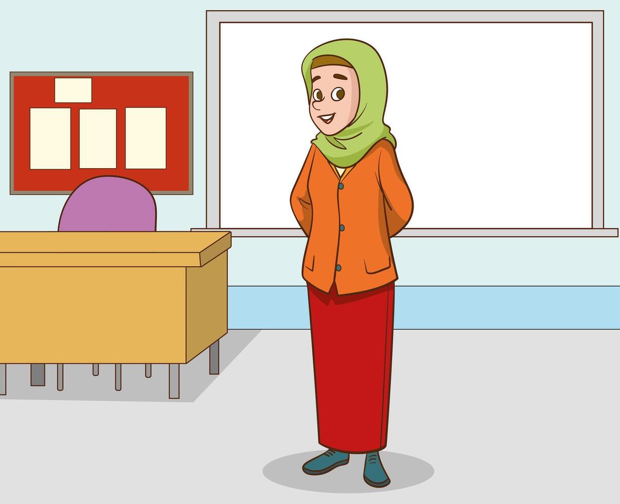 illustration of a muslim female teacher wearing a headscarf. visual of a muslim female teacher in the classroom. vector