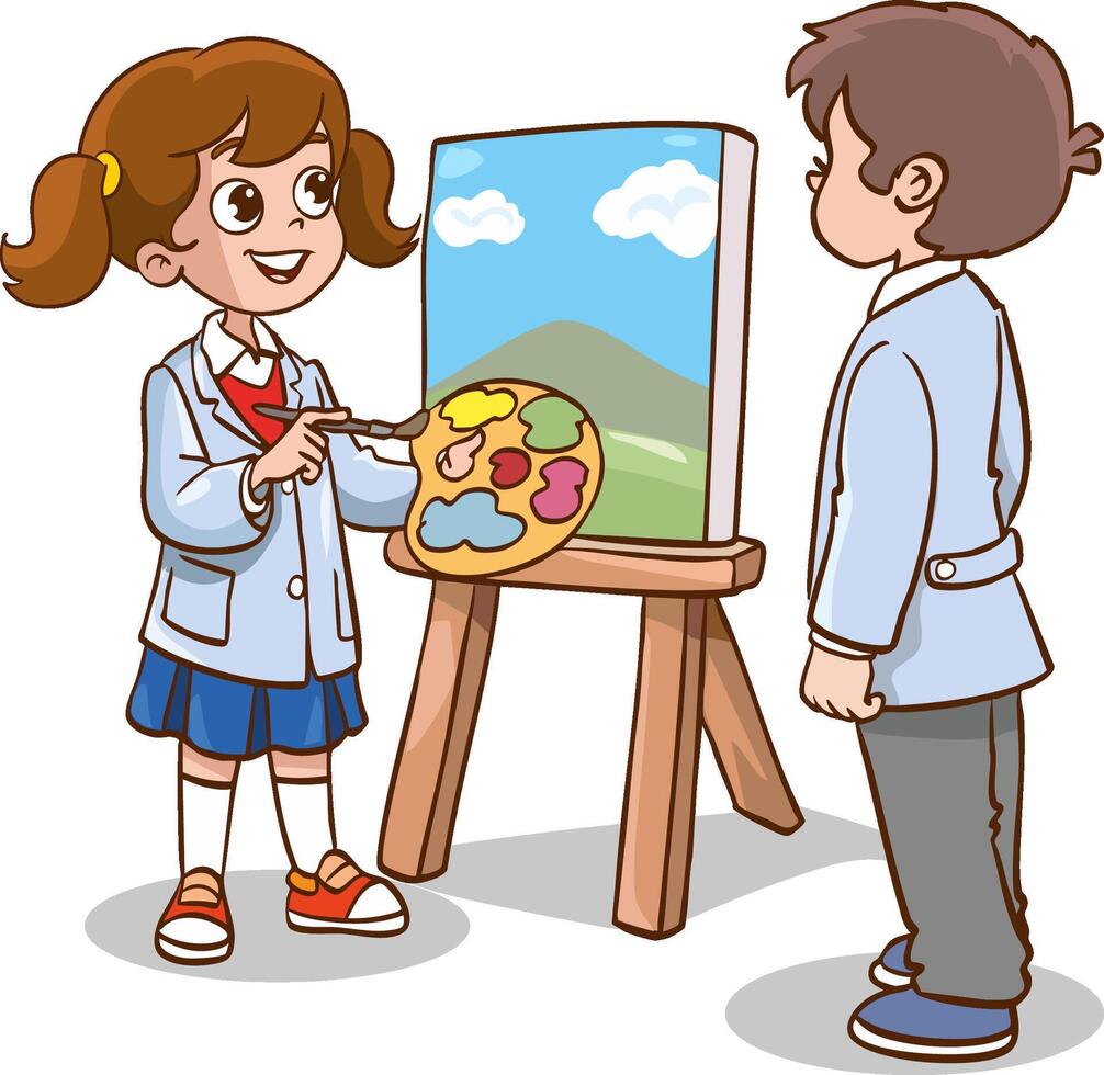 Children's drawing activity in art class. Learning how to draw. Little girl drawing a picture vector