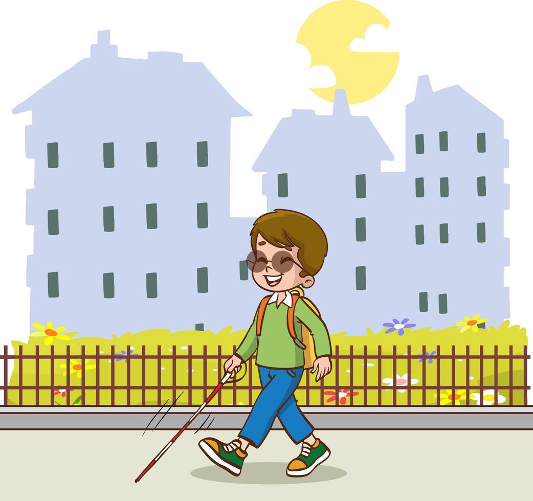Young blind boy walking with a cane isolated. Male character in sunglasses with stick. Concept of people with disabilities. Impaired child vector