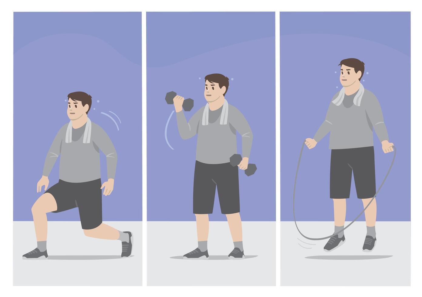 Man Performing Different Exercises Lunges, Dumbbell Curls, and Jumping Rope vector