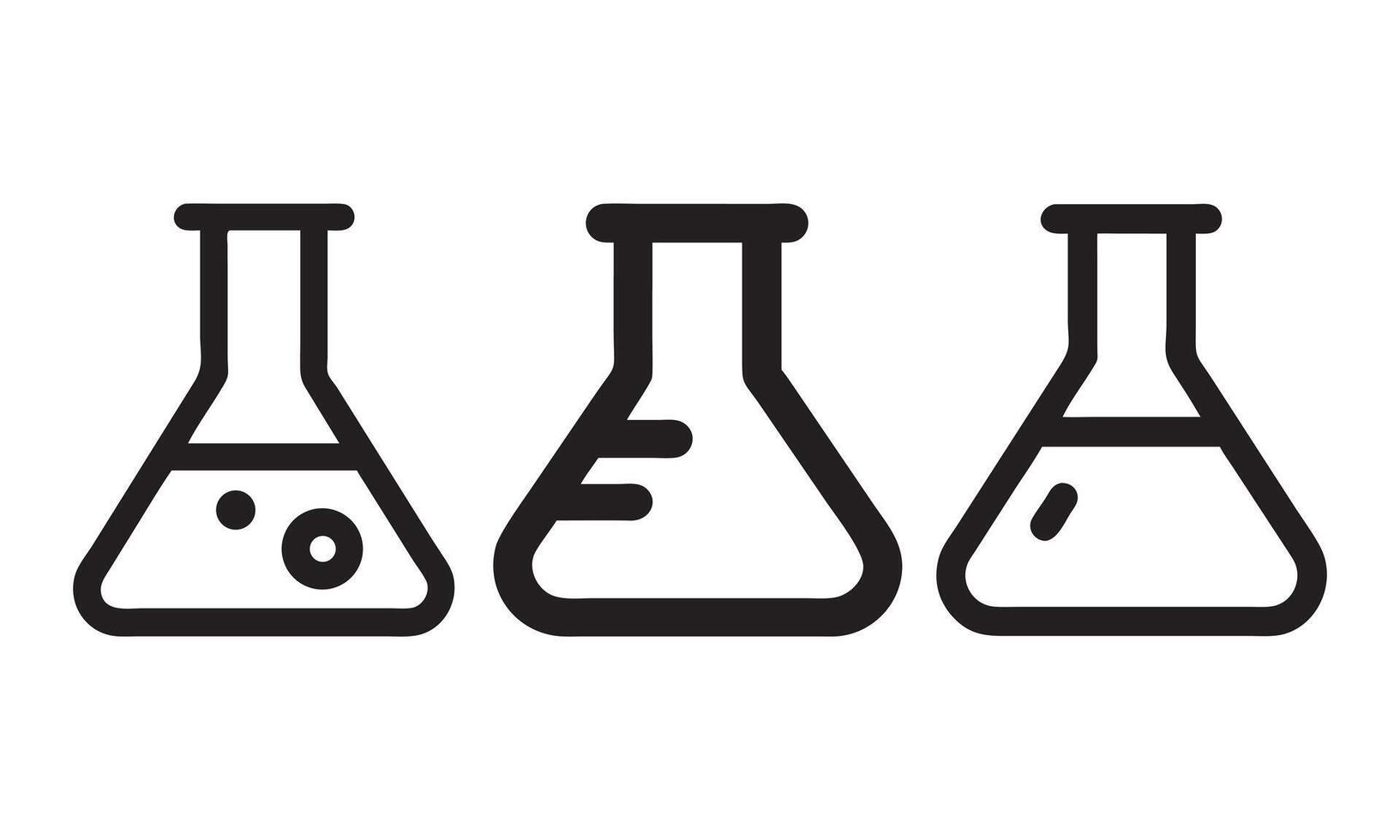 Erlenmeyer flasks filled with different liquids icons, Chemical flask icon Outline vector