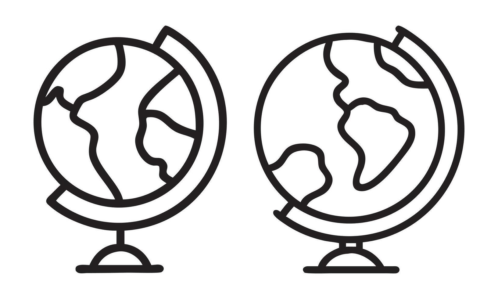 Simple line art globes, perfect for education or travel themes, World icon flat set, Earth icons, set Earth globe hemispheres with continents, globes with world maps vector