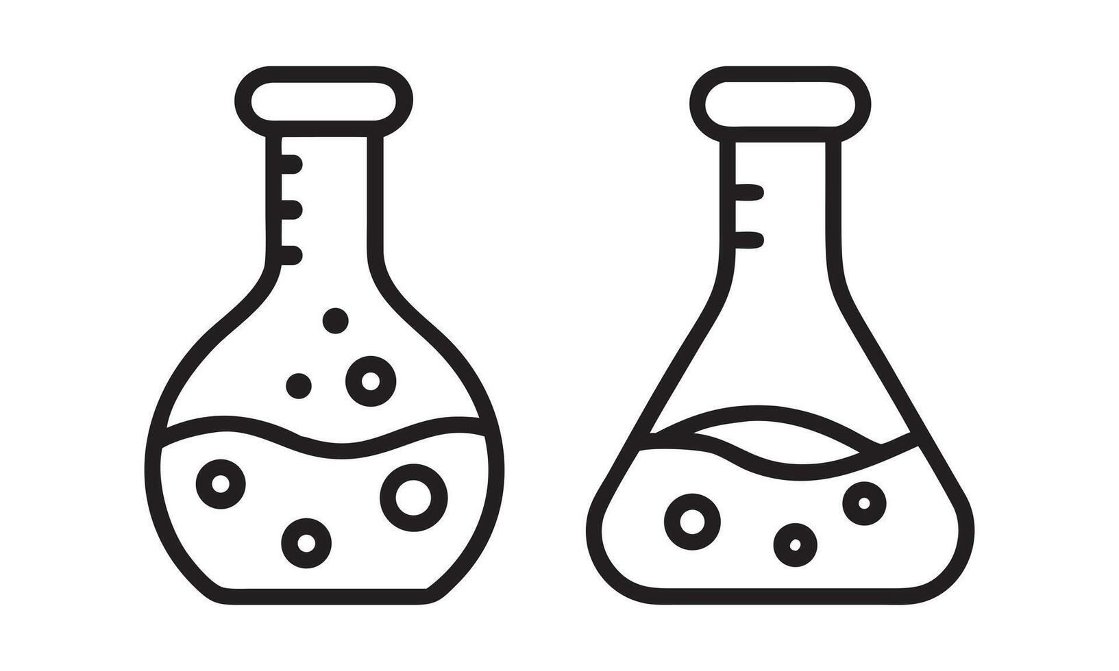 Two Outline Laboratory Flasks with Liquid and Bubbles, Test tube, flask, and bubbles different style icon set vector