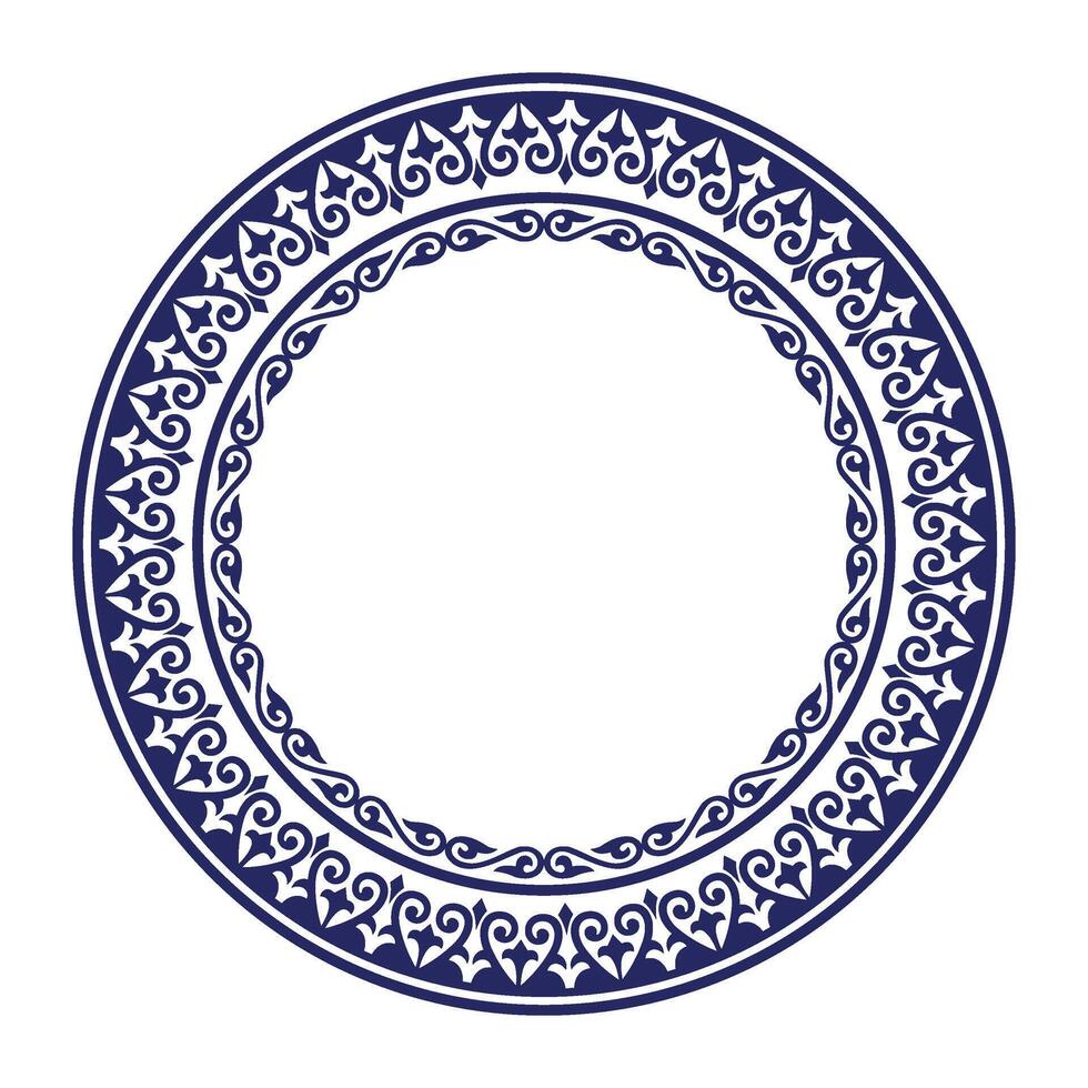Blue monochrome round Kazakh national ornament plate. Ethnic pattern of the peoples of the Great Steppe, Mongol, Kyrgyz, Kalmyks, Buryats. Circle, frame border. For sandblaster, ceramic, laser. vector