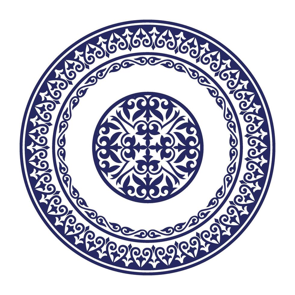 Round Blue frame with large pattern in center. Ornamental elements, motifs of Kazakh, Kyrgyz, Uzbek. Round frame. Turkic ornament. For ceramic, textile, print design, embroidery, sandblaster, laser vector