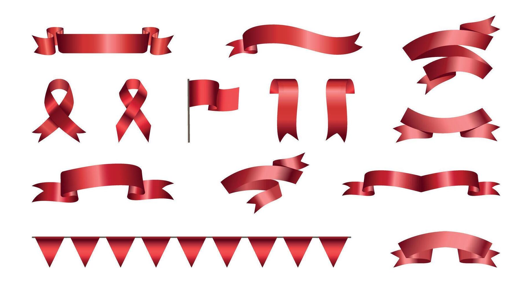A large set consisting of red award ribbons of various shapes, flag, garlands, loop ribbons. Luxury label, badge premium quality certificate ribbon. Collection of Different Empty Red Ribbon, Label vector