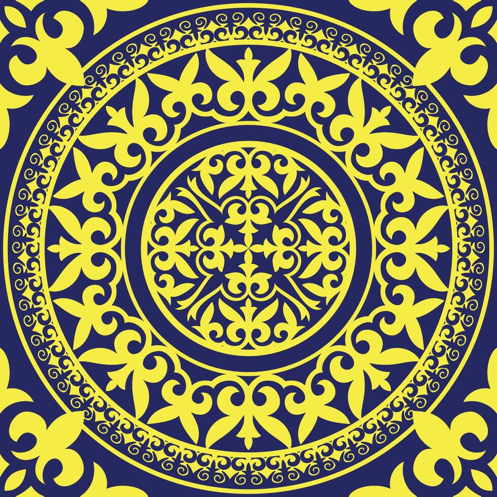 Luxury blue and yellow Oriental seamless square pattern with decorative circular damask ornament, arabesque and floral elements in retro style. Square tile. For ceramic, porcelain, embroidery, laser vector