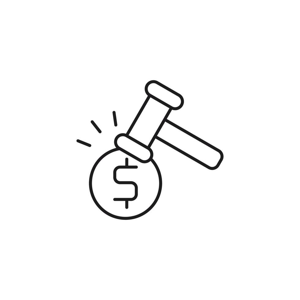 Auction icon featuring gavel hitting dollar coin, ideal for financial websites, auction platforms, business presentations, and legal documents. vector