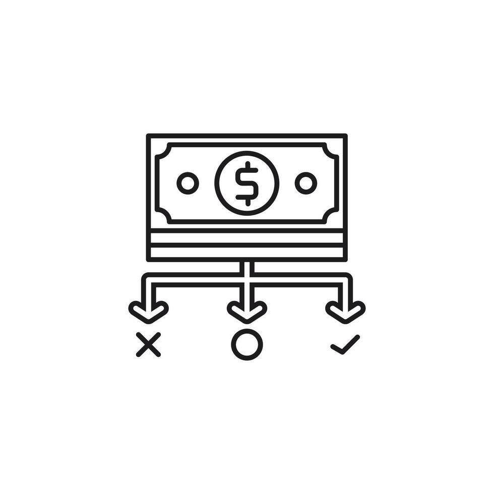 Cost icon representing money choices. Options with checkmark, circle, and x. Suitable for financial decisionmaking concepts in presentations, websites, and designs. vector