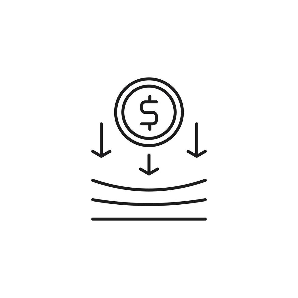 Decrease money icon with falling dollar coin above 3 lines, arrows, and a downward trend graph suitable for financial crisis concepts. vector