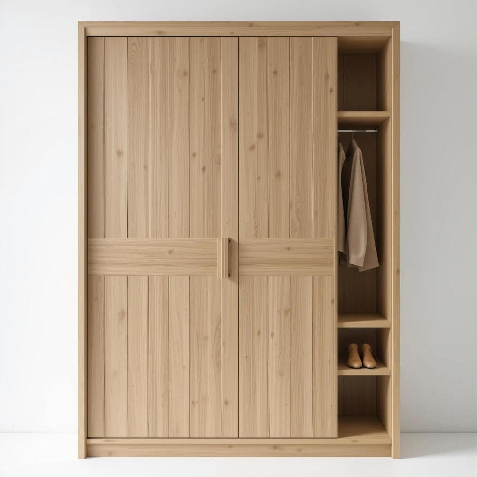 A wooden wardrobe with a shelf and a door photo