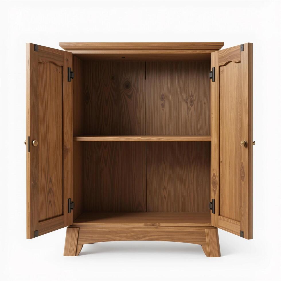A wooden cabinet with open doors on a white background photo
