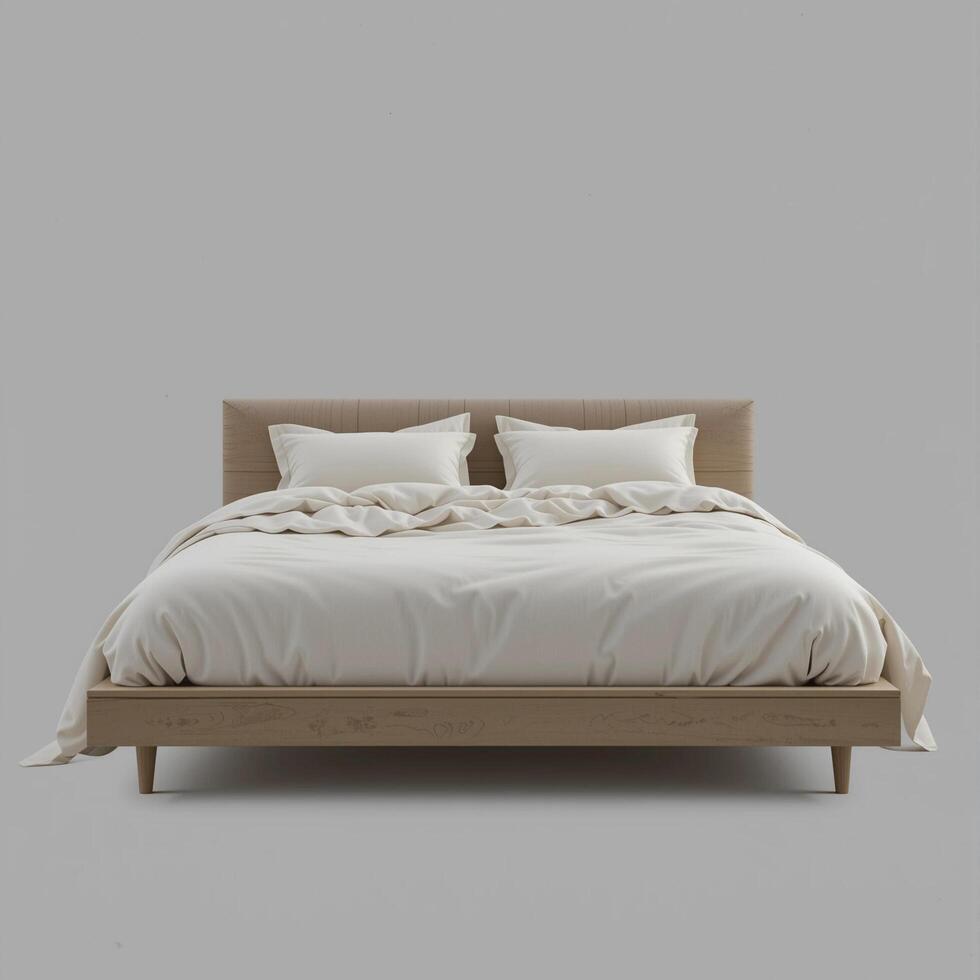 A bed with white sheets and pillows on a gray background photo