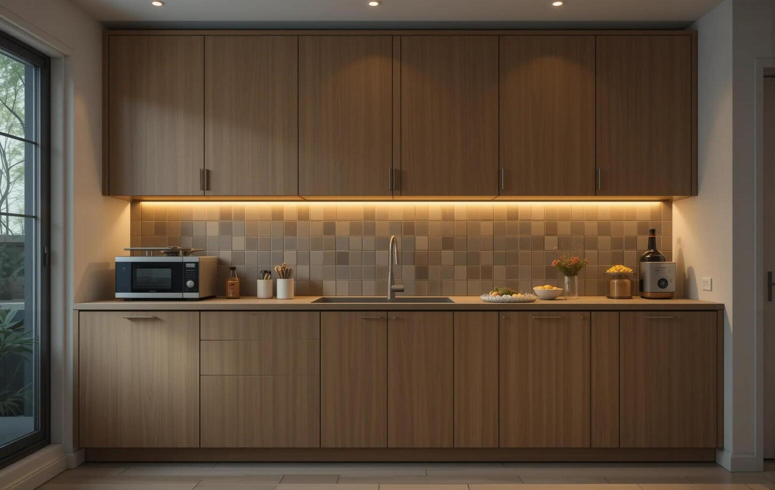 A kitchen with wooden cabinets and a light photo
