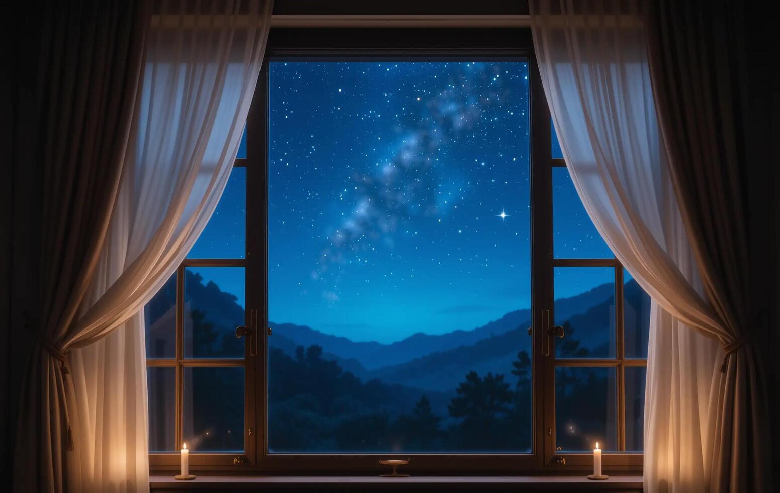 A window with curtains and a starry sky photo