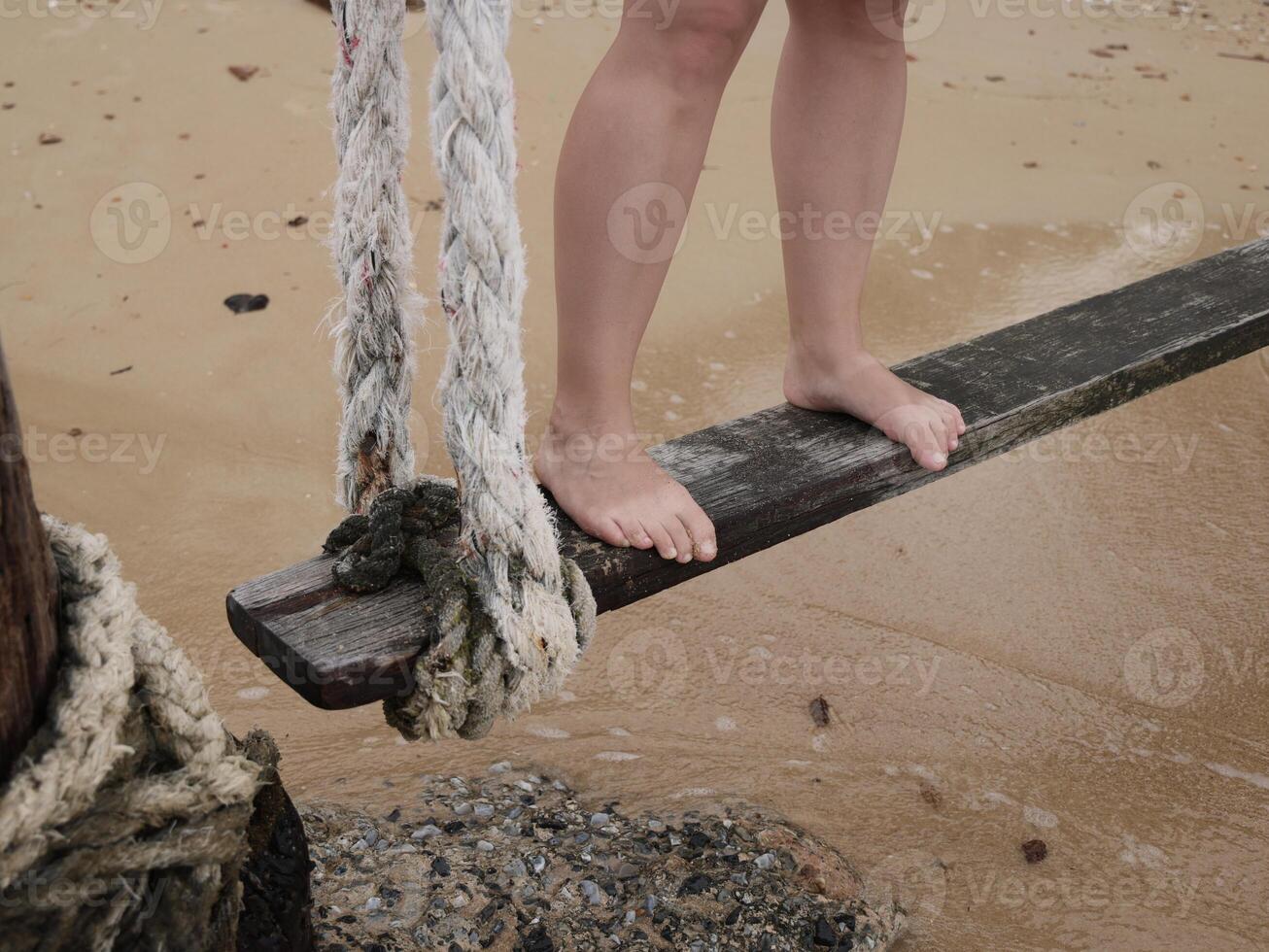 Engaging in the activity of balancing on a wooden beam positioned by the beautiful shoreline photo
