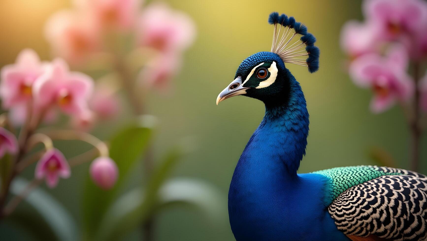 Majestic Close-Up of a Vibrant Blue Peacock with Pink Orchid Flowers photo