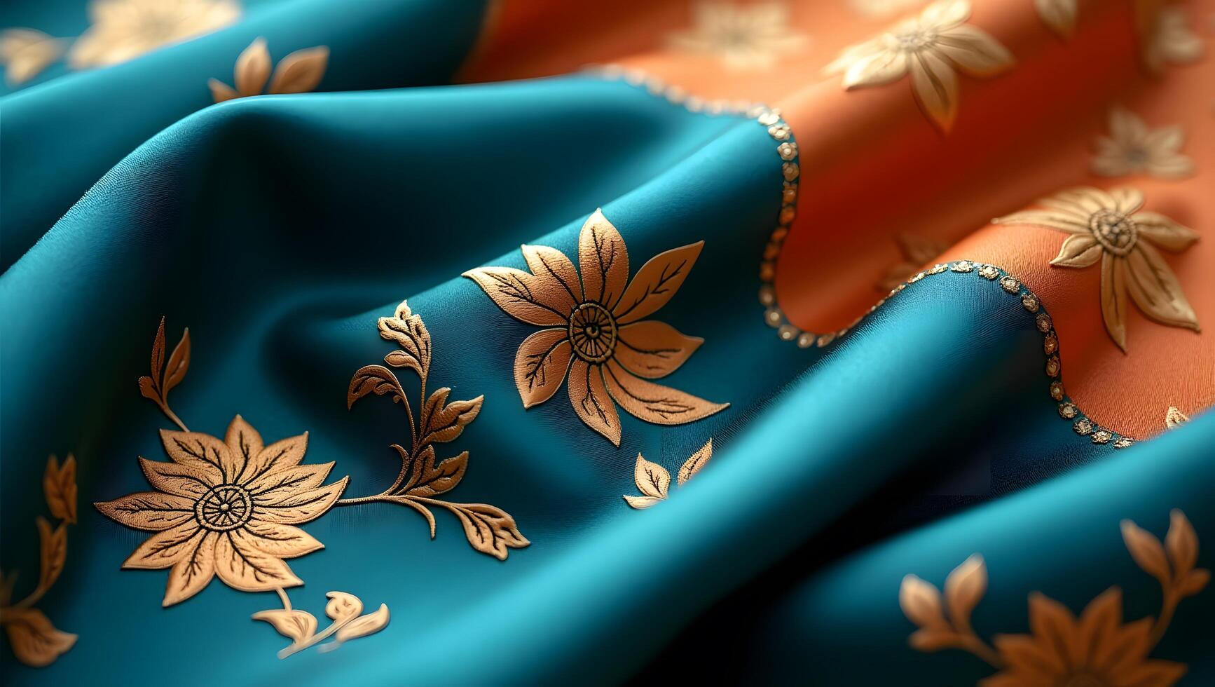 Luxurious Embroidered Floral Silk Fabric in Teal and Orange - Close-Up Macro Shot photo