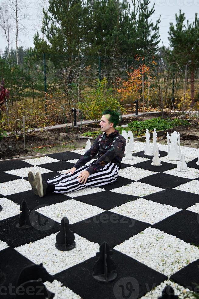 A Fascinating and Creative Scene of Chessboard with Striped Attire, a Playful Visual photo