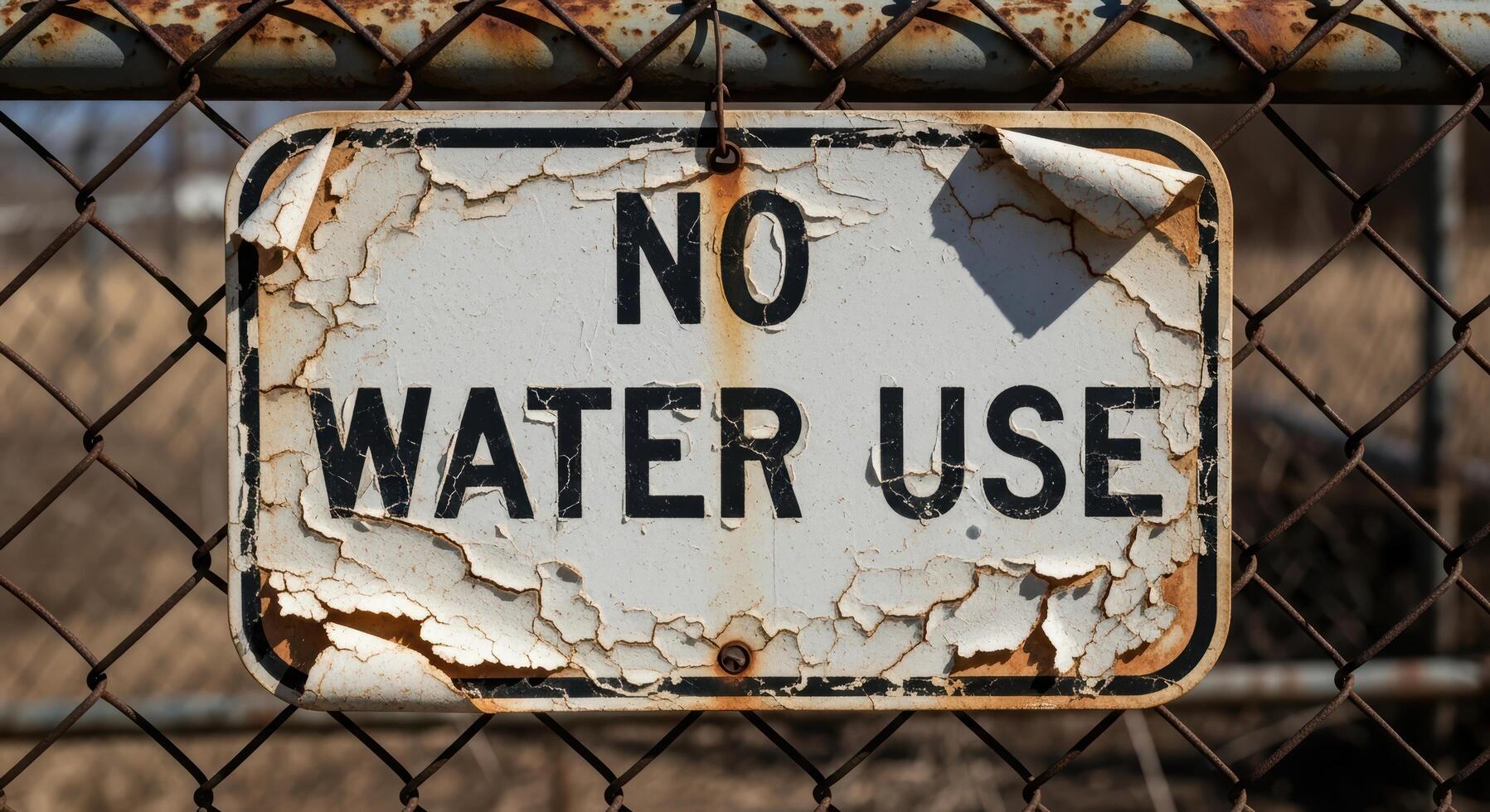 Weathered Sign No Water Use on Rusty Fence photo