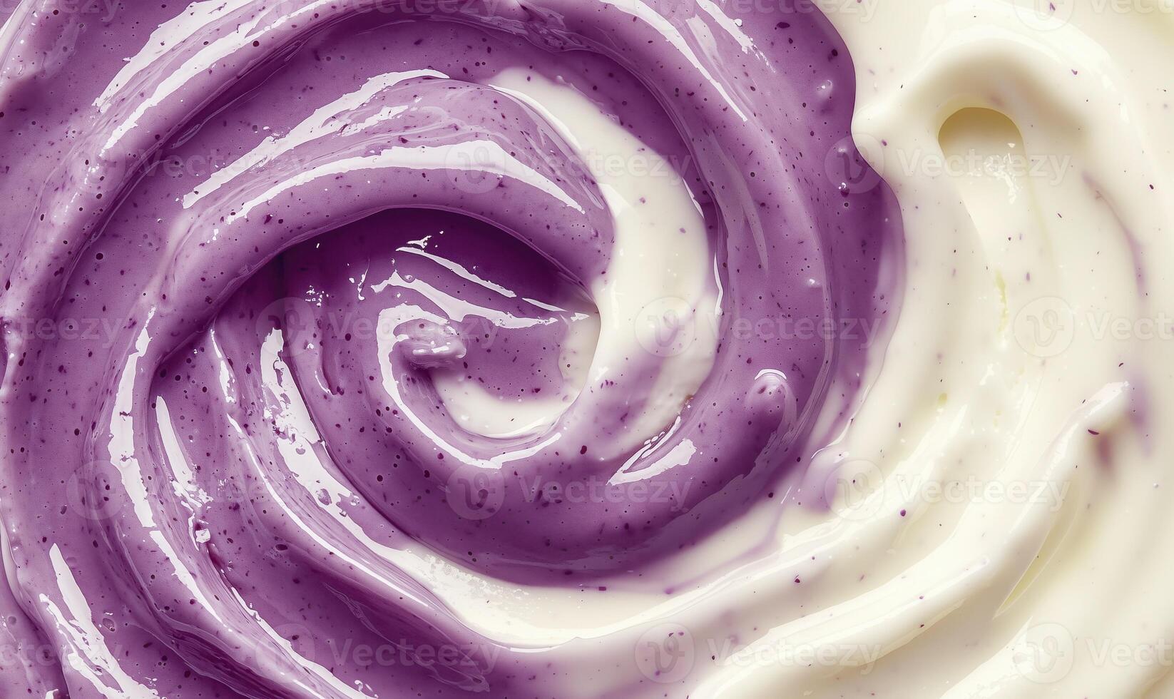 Swirled mix of blueberry and natural yogurt, creamy texture in top view photo