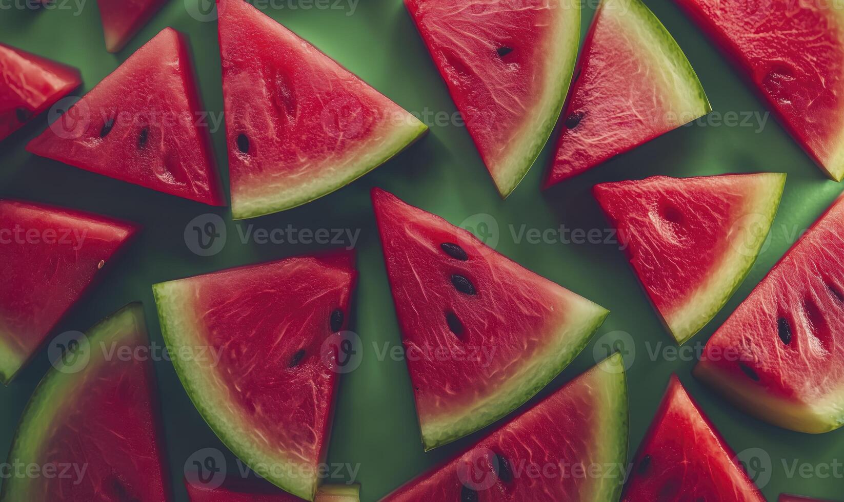 Watermelon triangle slices flat lay, vibrant texture on green background, copy space photo