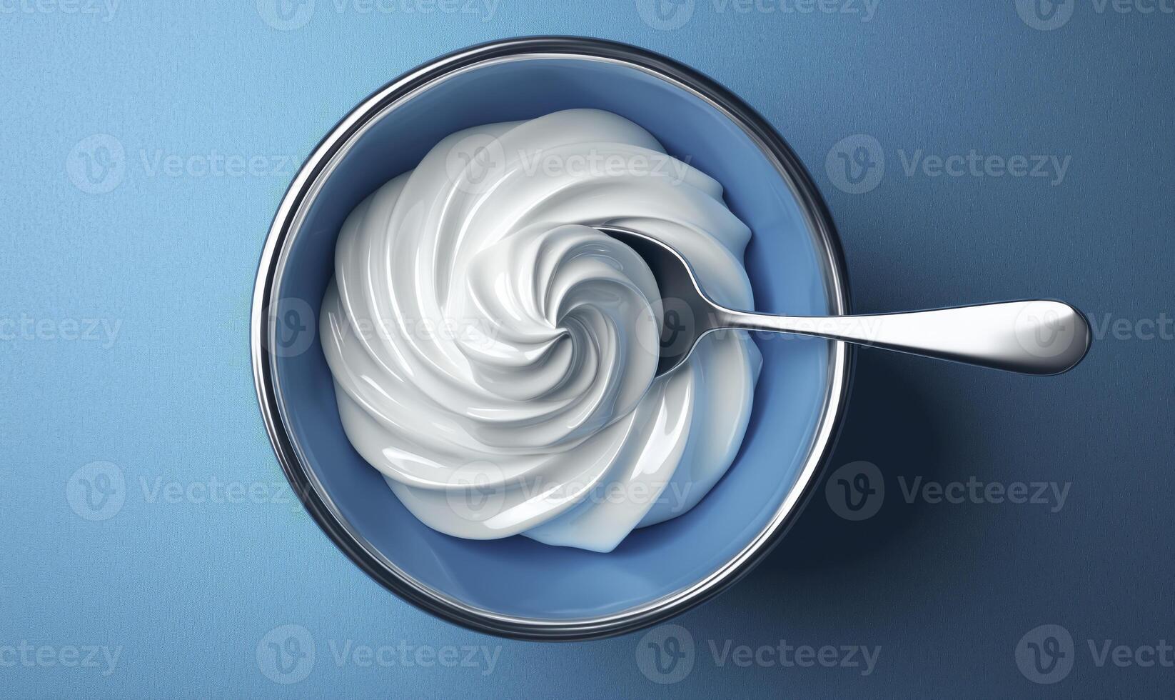 Whipped cream swirl in bowl with spoon on blue background, top view photo