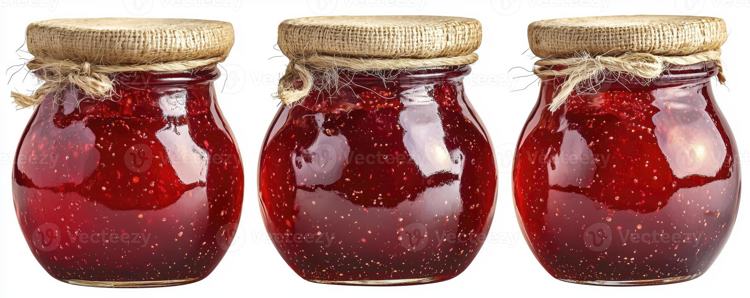 Strawberry jam jars with burlap covers isolated on white background photo