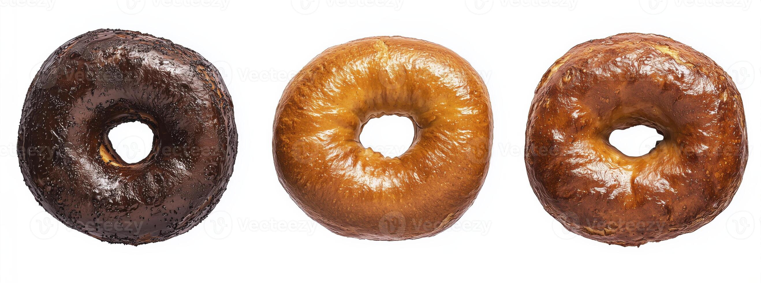 Donuts with sugar and chocolate glaze isolated on white background, top view photo