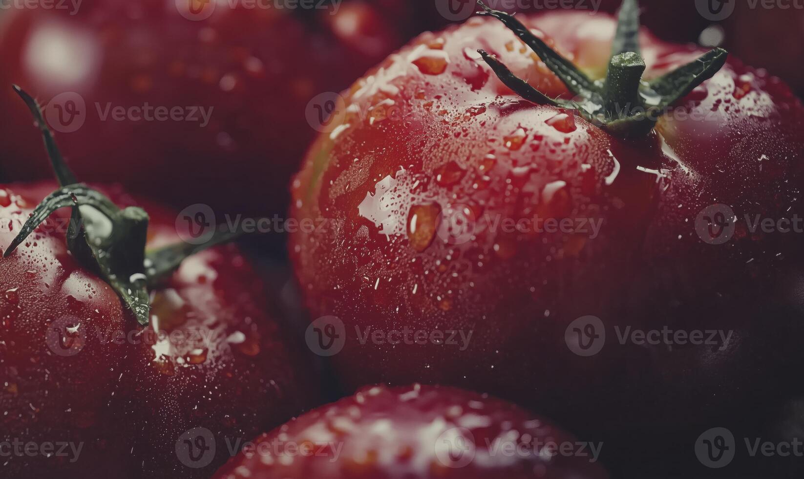 Fresh red tomatoes with water drops and green stems in dramatic lighting, close up photo
