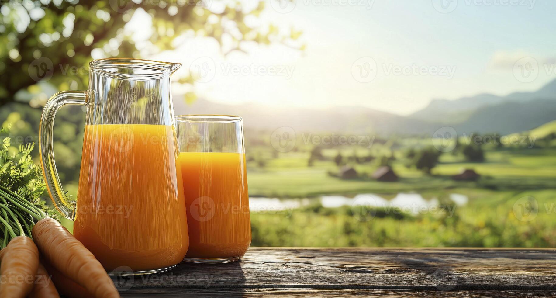 Carrot juice in a glass and jar on a rustic wooden table photo