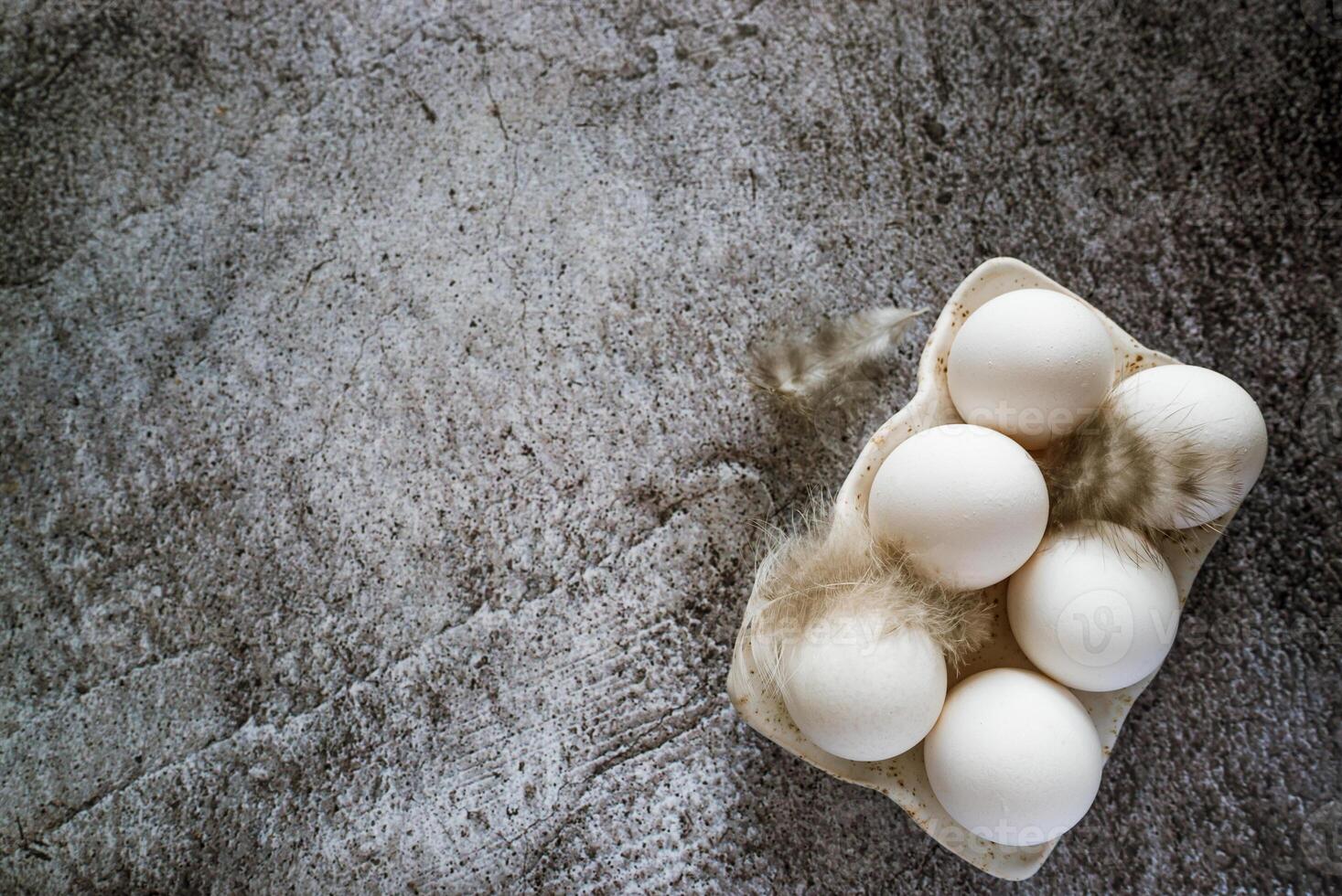 white chicken eggs with feathers on a ceramic stand stand on a gray neutral concrete background photo