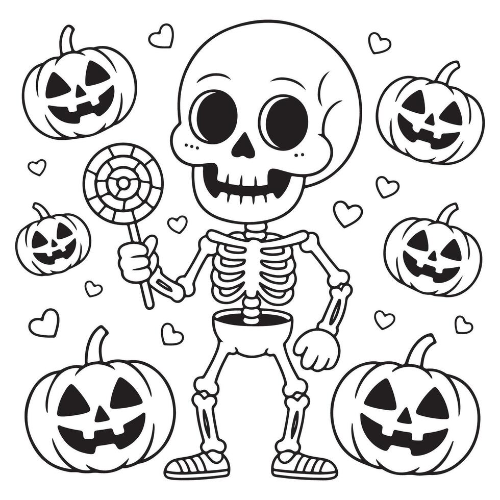 Cute Skeleton Boy Holding Lollipop Surrounded by Jack-o'-Lanterns Halloween Coloring Page vector