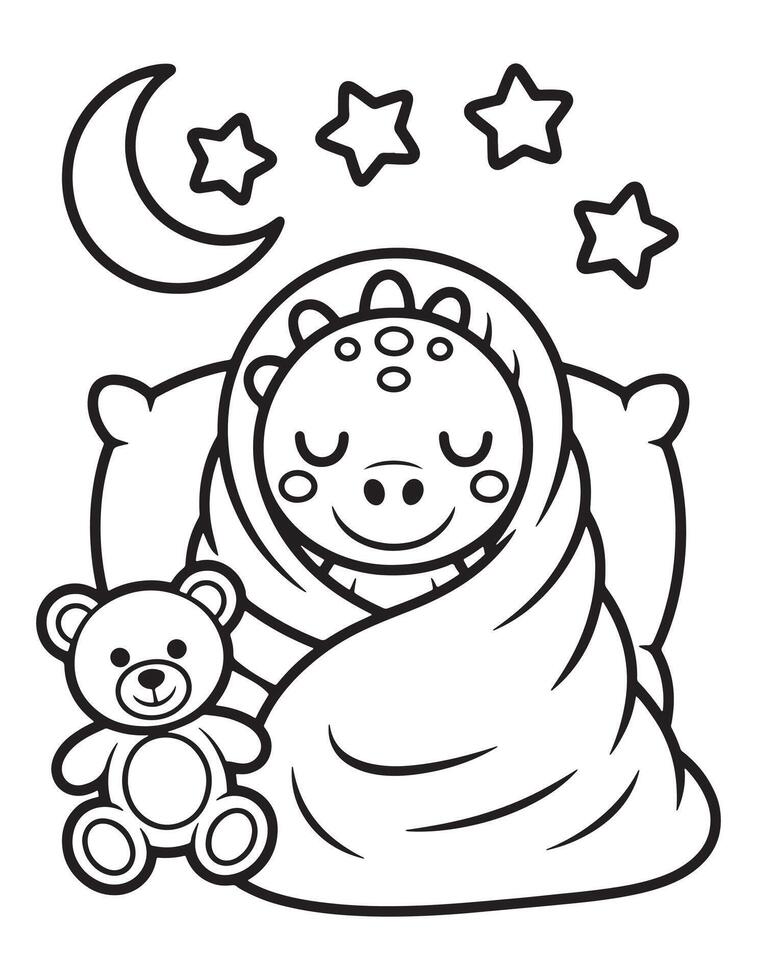 Adorable Dinosaur Sleeping in Bed with Stars Above Coloring Page vector