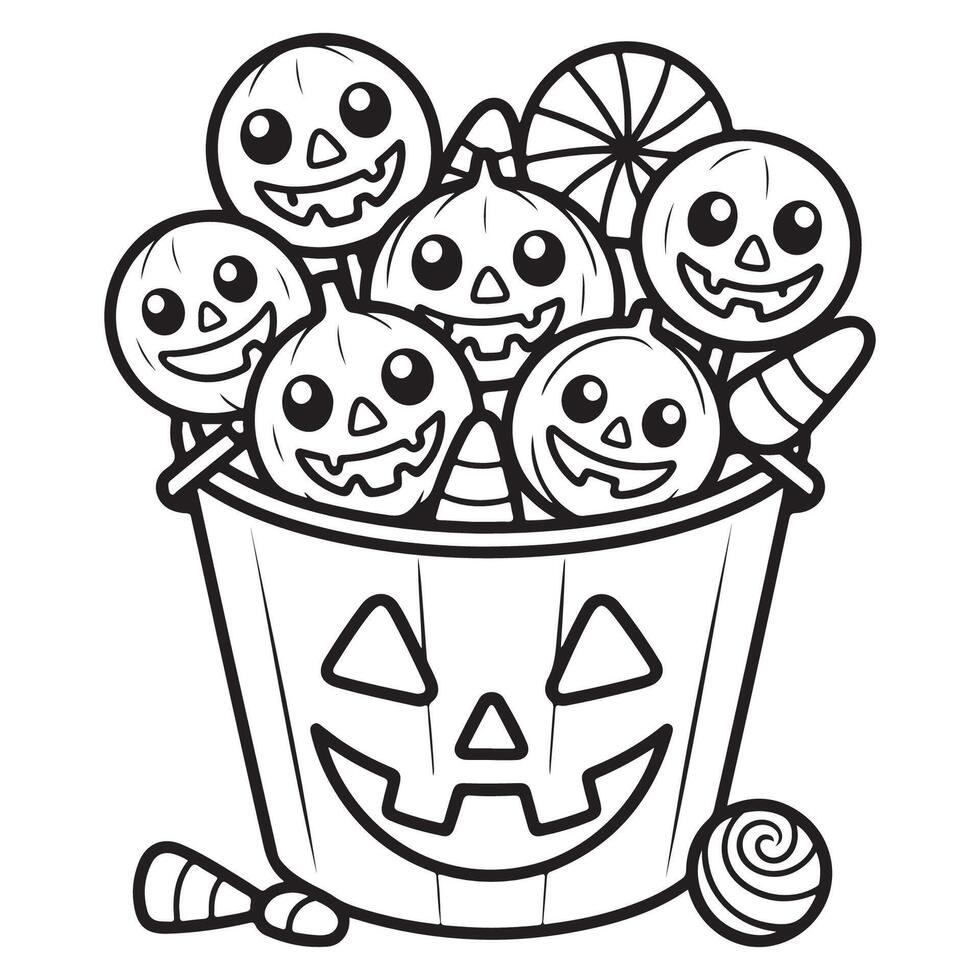 Cute Halloween Candy Bucket with Jack o Lantern Face Kawaii Style Coloring Page vector