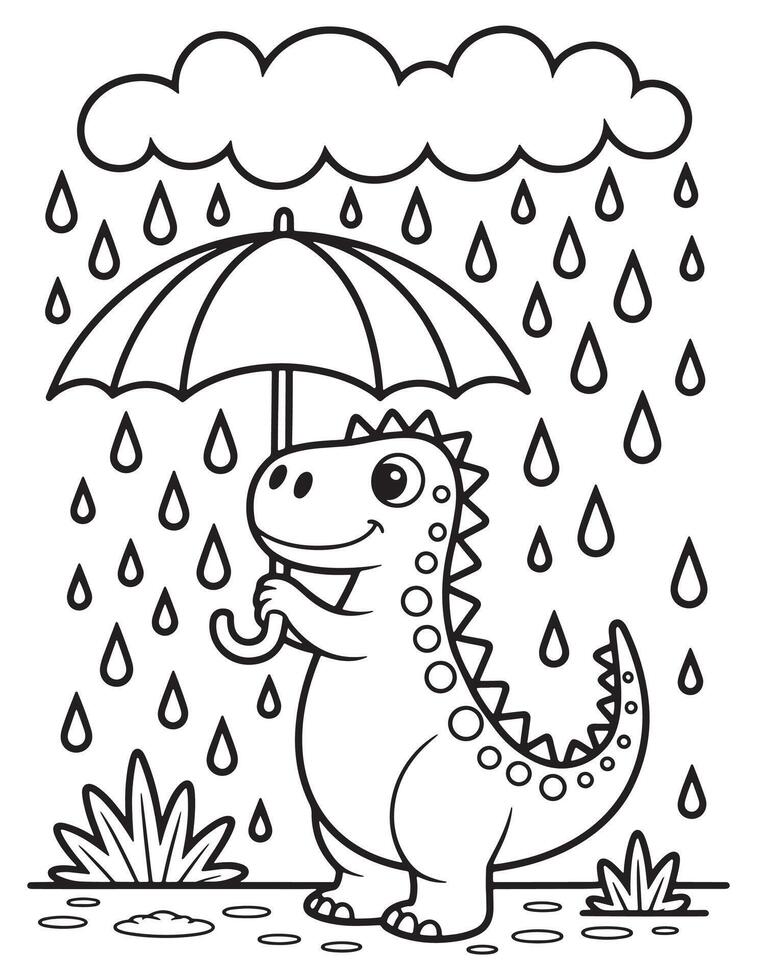 Adorable Baby Dinosaur with Umbrella Standing in the Rain Coloring Page vector