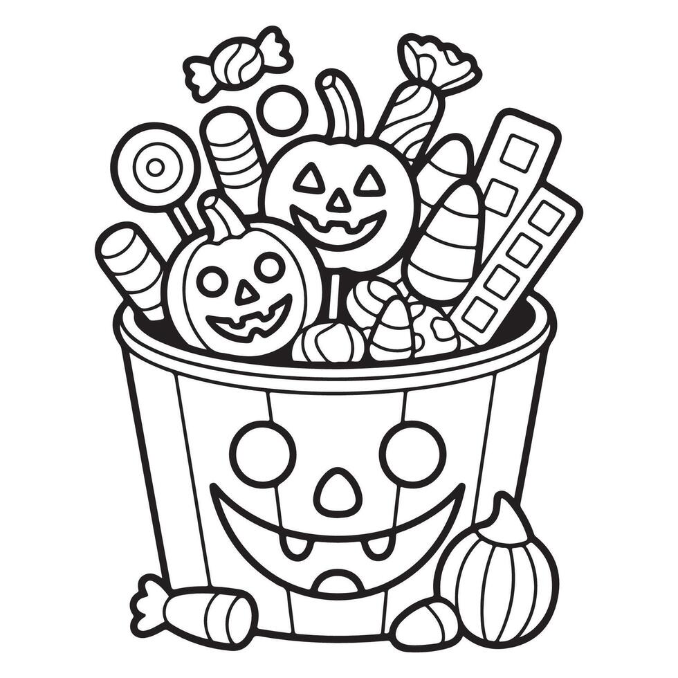 Kawaii Jack o Lantern Halloween Bucket Filled with Candy Fun Coloring Page vector