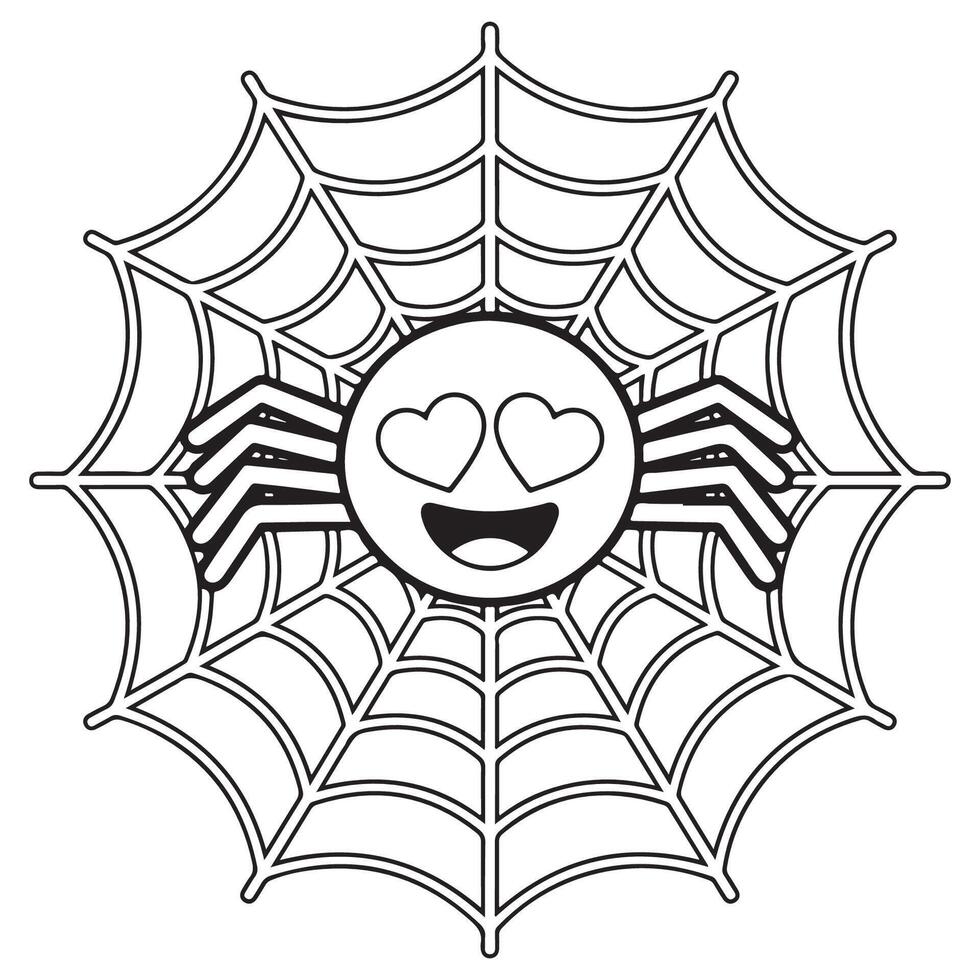 Smiling Spider with Heart Eyes in Web Cute and Creepy Halloween Coloring Page for Kids vector