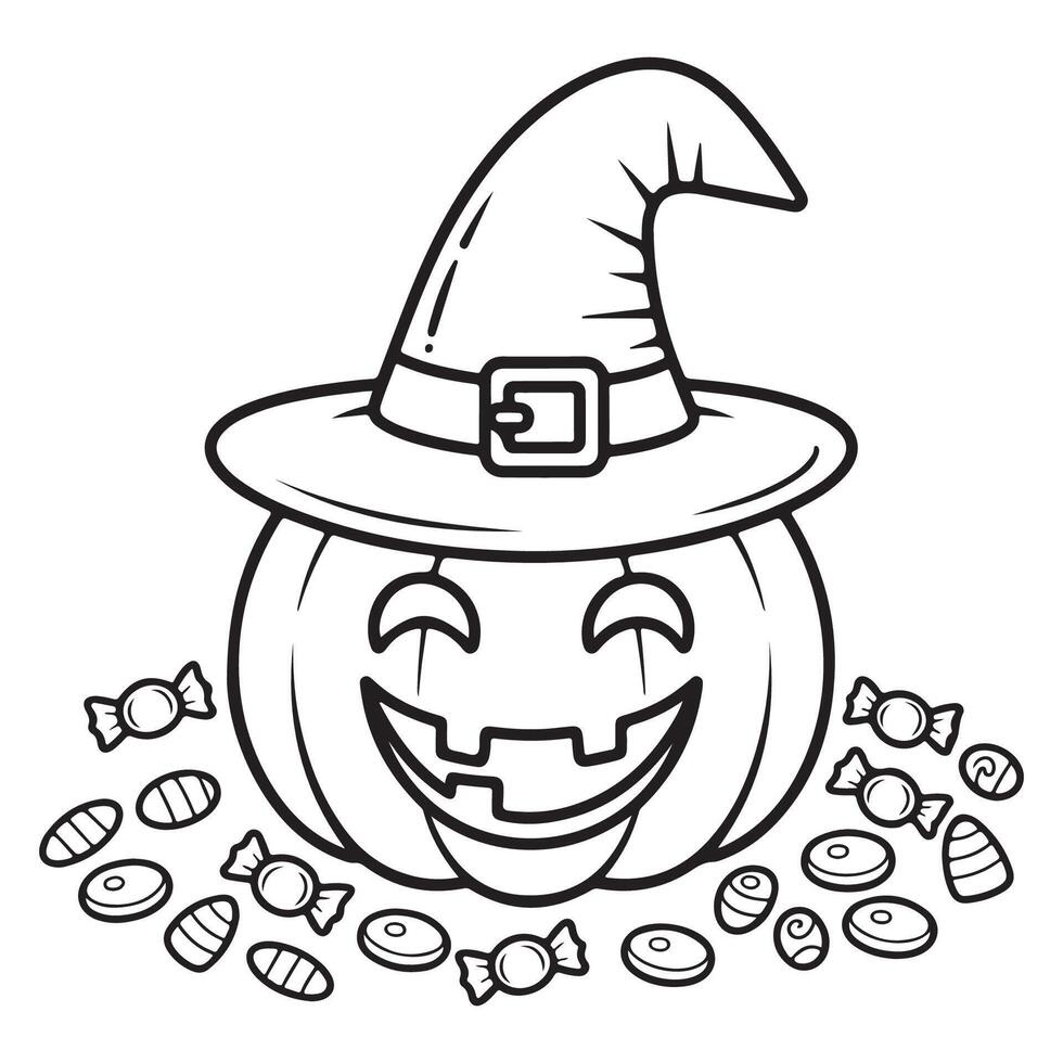 Cute Halloween Pumpkin with Witch Hat and Candy Line Art Coloring Book vector