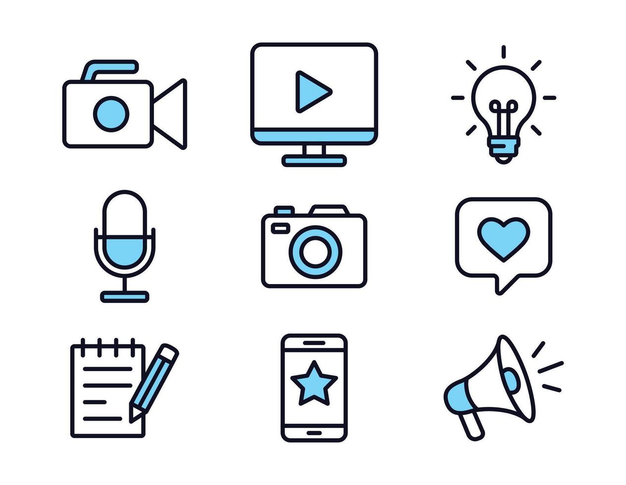 Icon set representing tools of content creators including camera, microphone, smartphone, light bulb, notebook, and megaphone. Ideal for media, marketing, and digital production themes. vector