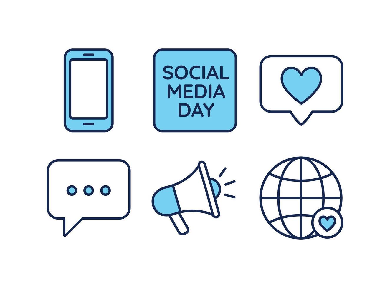 Set of modern flat icons for Social Media Day including phone, love bubble, globe, megaphone, and chat icons. Perfect for digital communication, marketing, and internet themes. vector