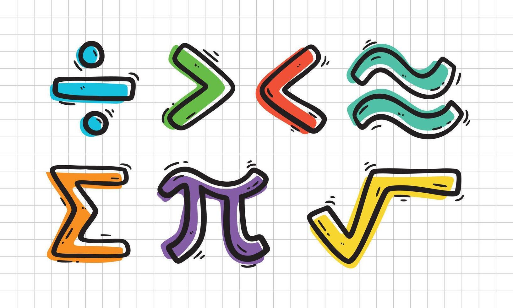 Set of colorful hand drawn math symbols including division, greater than, less than, approximately, summation, pi, and square root. Fun and creative elements on grid background for educational design. vector